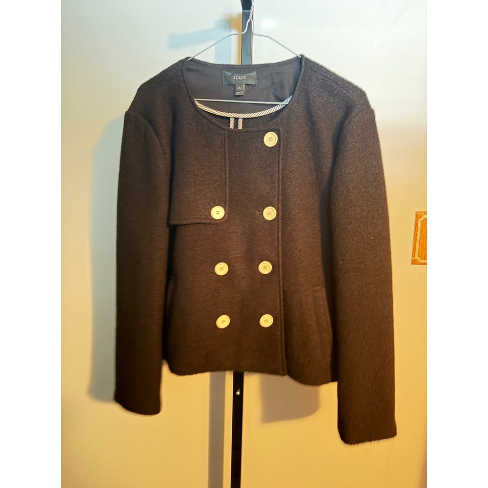 J.Crew Womens Black 100% Wool Double Breasted Collarless Jacket XL Coat